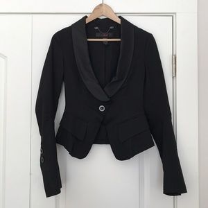 small cropped black blazer with tuxedo satin lapel
